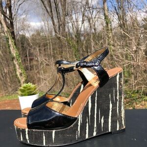 KATE SPADE New‎ York Black Patent Leather Cork Wedge Platform Size 6.5 M (b10)